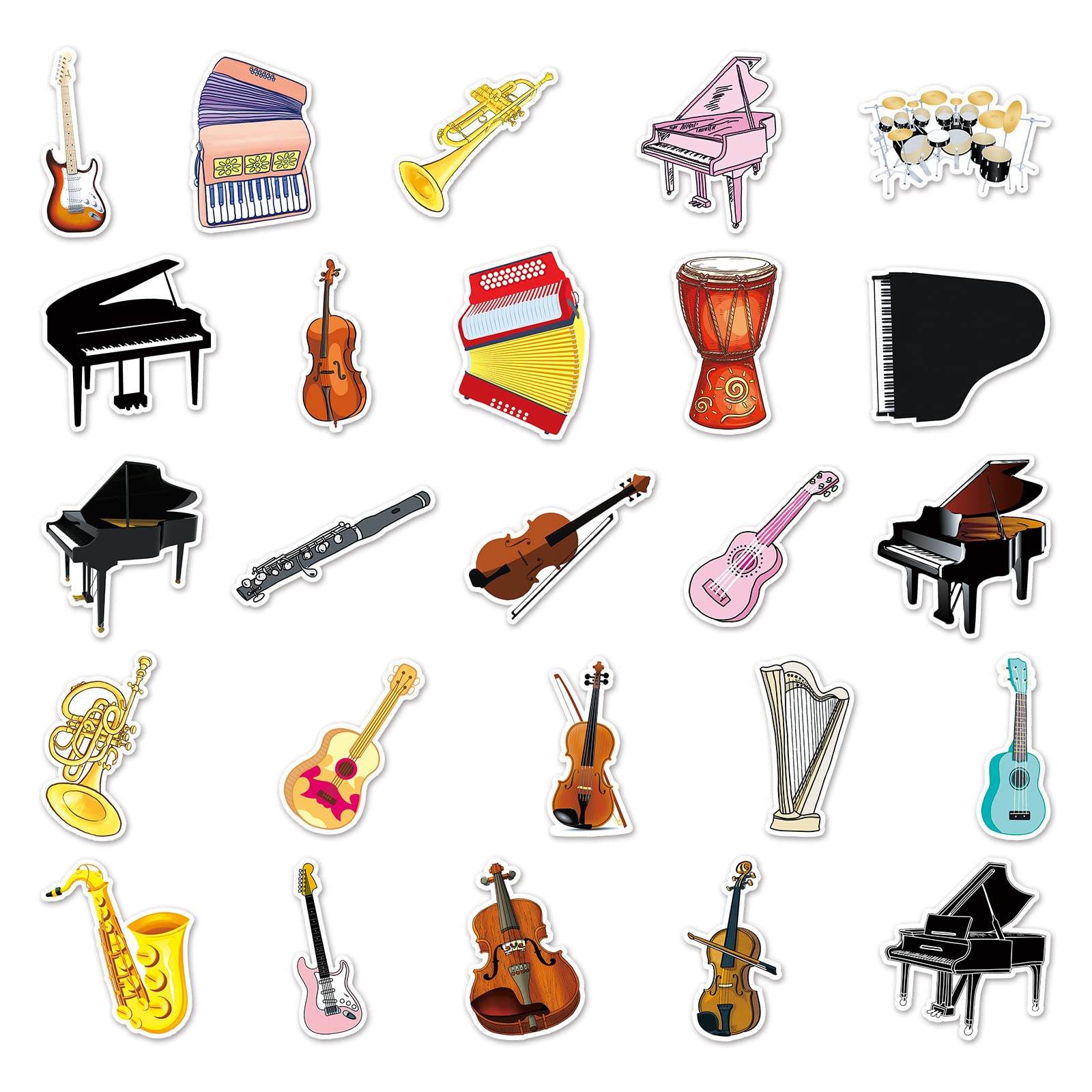 Autocollants Instruments De Musique - Lot De 50 Stickers Imperméables Pour Décorer Bouteilles, Téléphones, Guitares, Skateboards