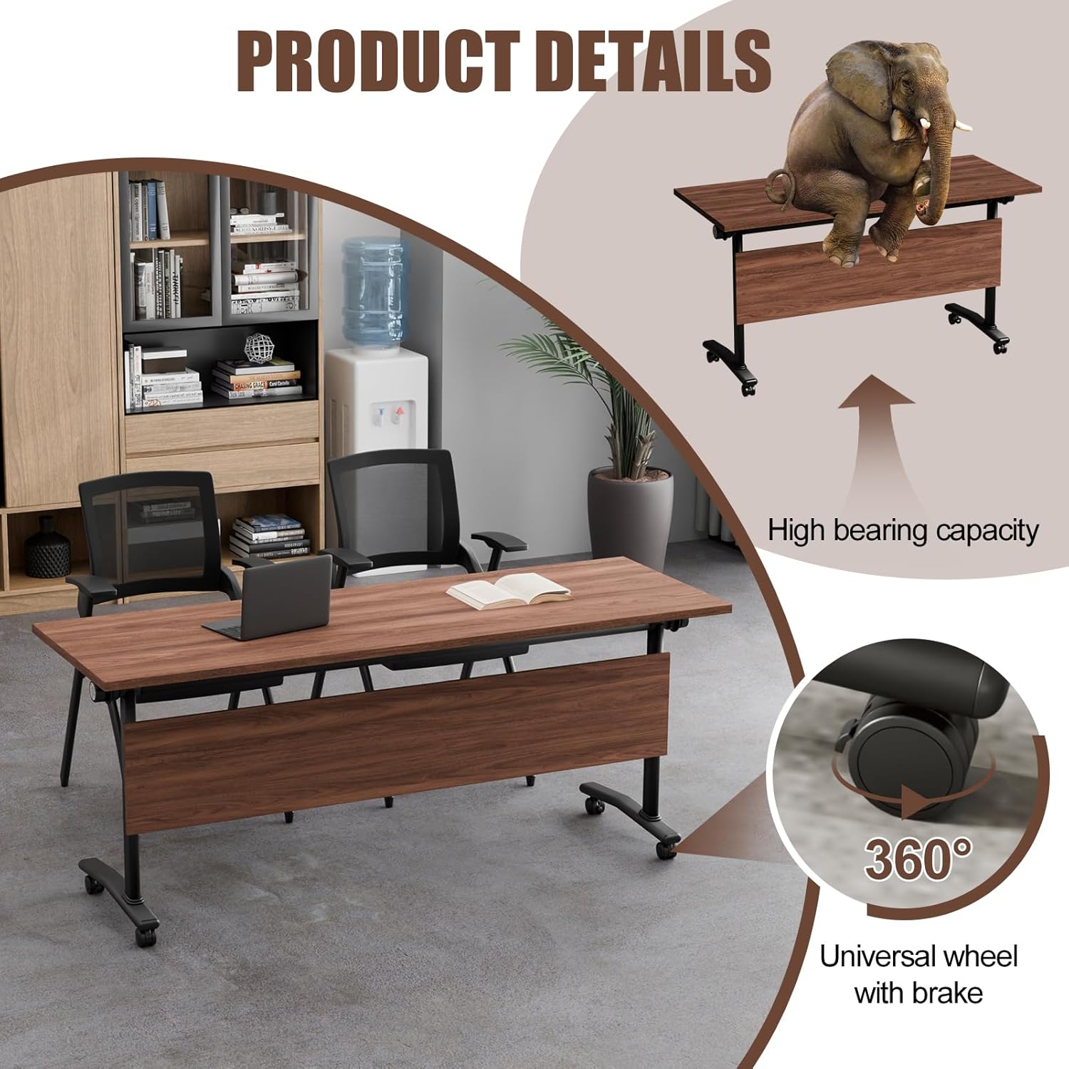 Conference Table, Folding Conference Room Tables, Modular Foldable Conference Table Stackable Flip Top Training Meeting Table with Wheels, Modern Seminar Meeting Room Table (4, Walnut 2, 70.8in)