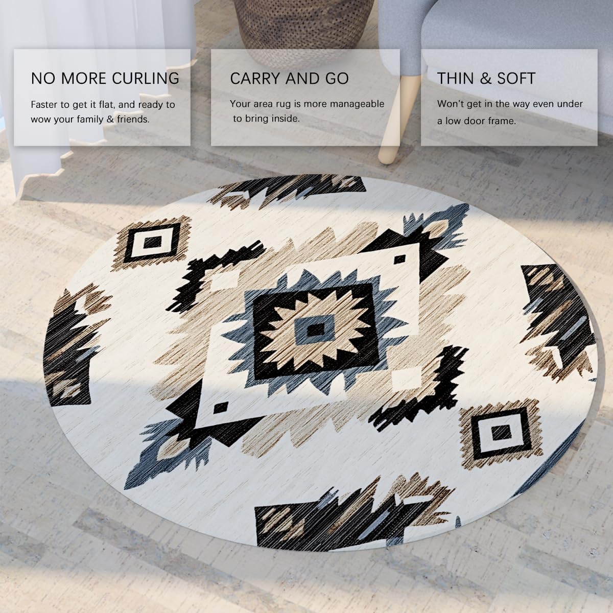 Dywany okrągłe Native Southwest Geometric Ivory Washable Carpet Flanela Short Hair Base Non-slip Folding Rug Salon Sypialnia Salon 200cm