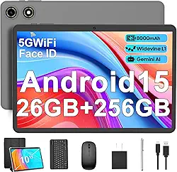 Tablet Android 15 com teclado - 26 GB de RAM + 256 GB de ROM, expansão de 2 TB, tablets 2 em 1 de 10 polegadas com Wi-Fi 5G/2,4G, 8000mAh, BT5.0, 5MP + 13MP, tela dividida, Widevine L1, mouse, capa