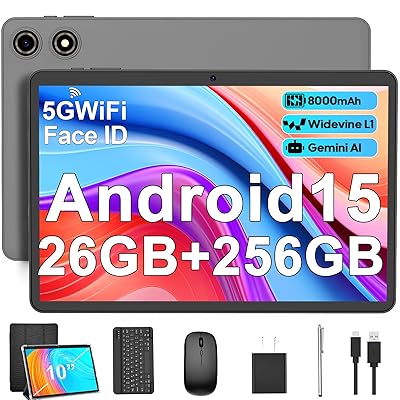 Android 15 Tablet with Keyboard - 26GB RAM + 256GB ROM , 2TB Expand, 10 inch 2-in-1 Tablets with 5G/2.4G WiFi, 8000mAh, BT5.0, 5MP+13MP, Split Screen, Widevine L1, Mouse, Case, Stylus (Black Case)
