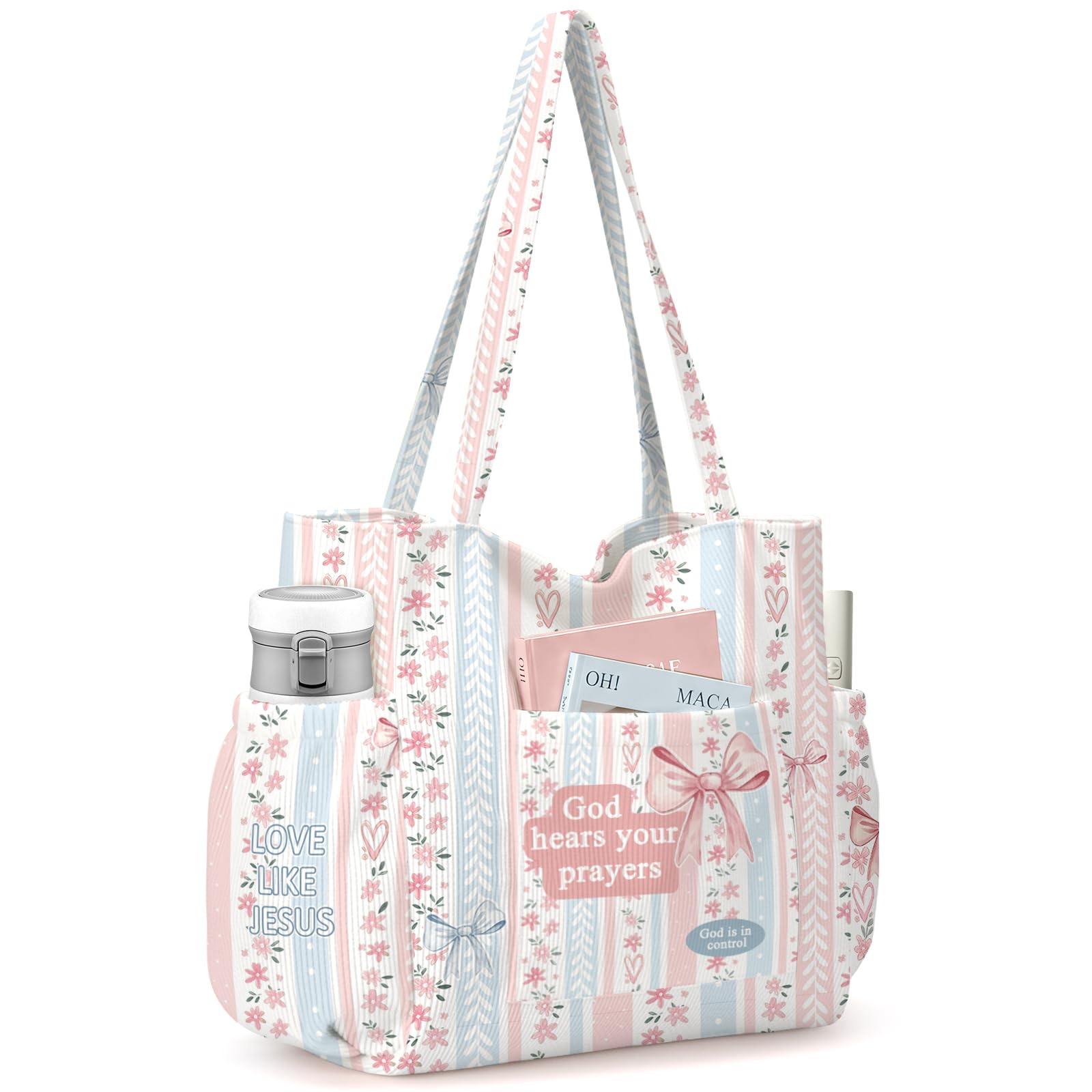 Corduroy Tote Bag for Women,Large Capacity Cute Tote Bags With 6 Pockets,Crossbody Shoulder Handbag for Work Travel Gym Bible Bows