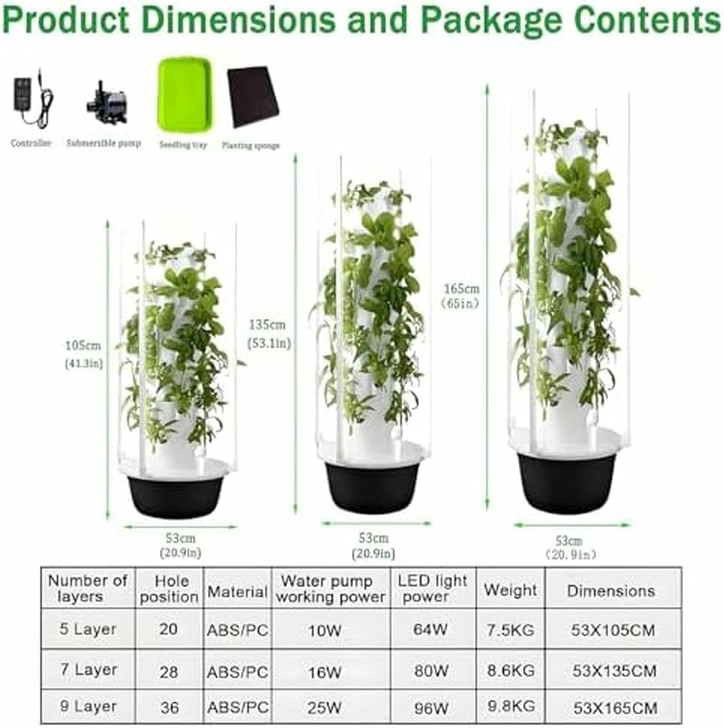 Hydroponics Tower Garden System - 7 Layer Aeroponics Kit for Herbs, Vegetables & Fruits with Pump, Seedling Tray & Planting Sponge - Indoor Growing Solution-