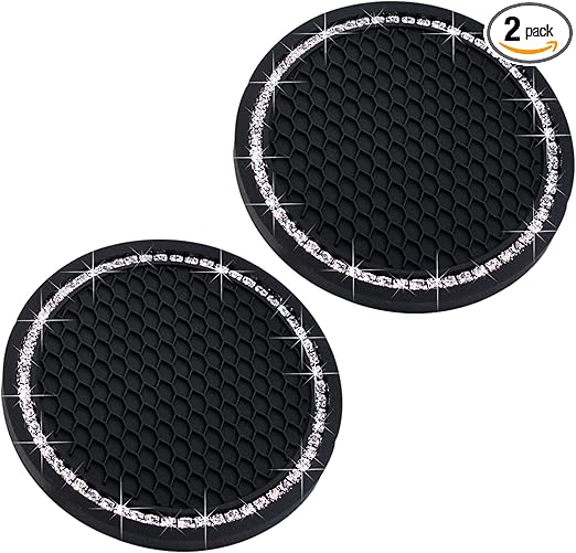 DBlosp Car Cup Holder Coasters, Bling Cup Holder Insert Coaster Car Interior Accessories-2.75 inch Silicone Anti Slip Crystal Rhinestone Car Coaster-Universal (Pack of 2)