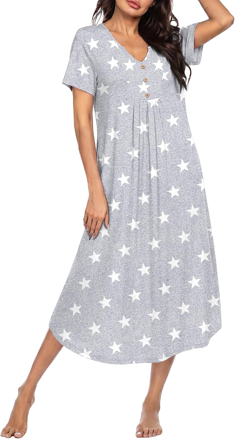 Ekouaer Nightgowns for Women Bamboo Viscose Long Night Gown Short Sleeve Moo Moos V Neck Sleep Shirts Pleated House Dress