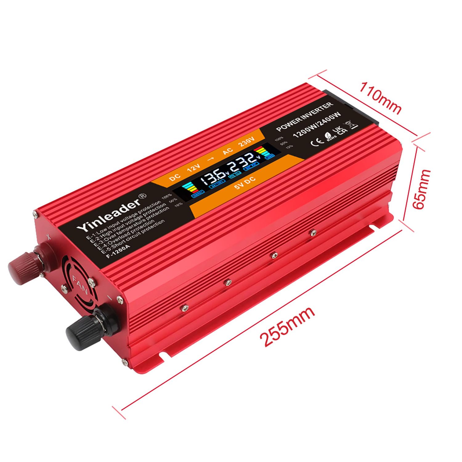 Yinleader Trasformatore di tensione 1200 W/2400 W 12 V 230 V inverter Dual USB Power Inverter con 1 presa e display LCD, per auto – rosso