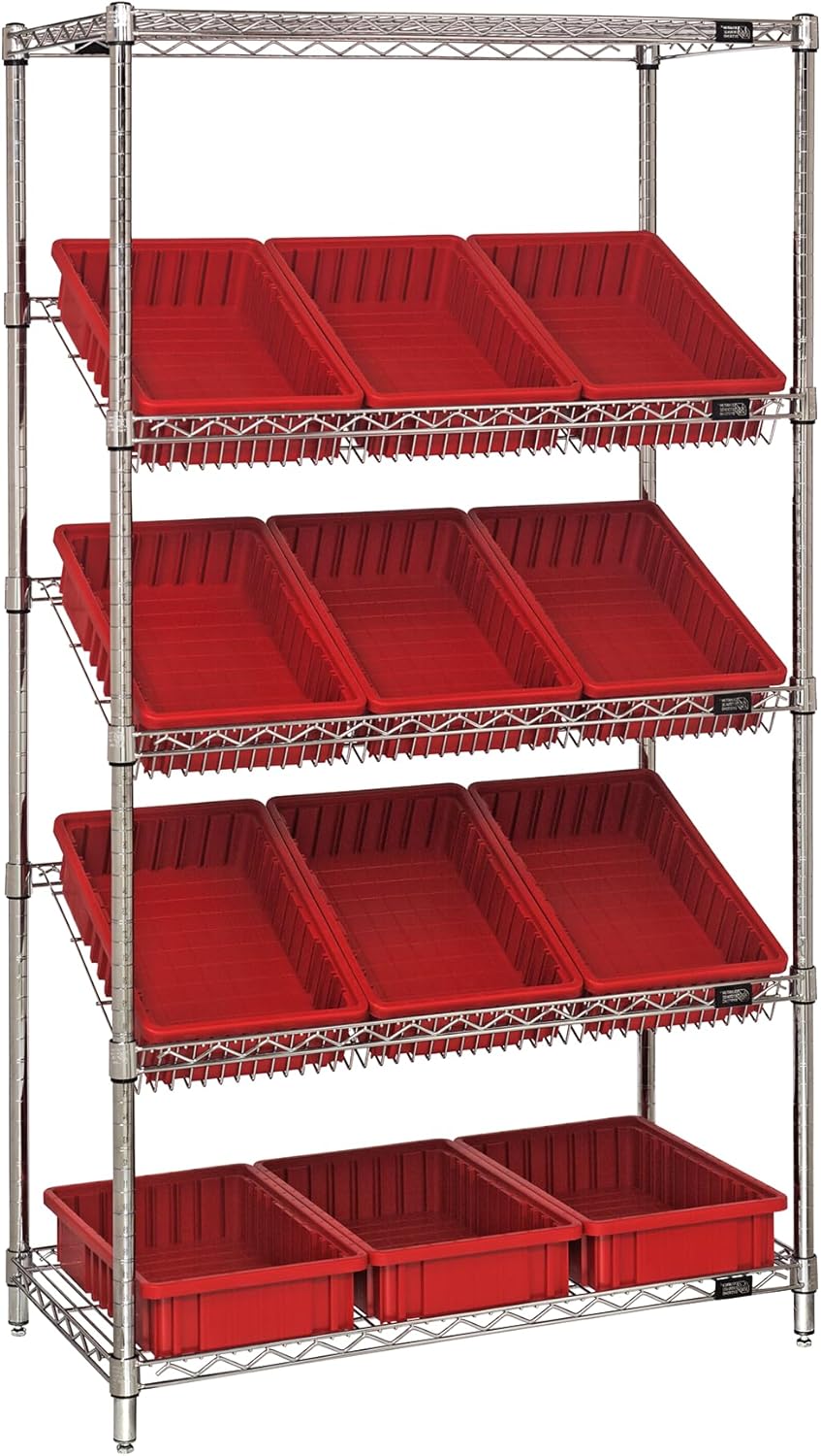 Quantum Storage Systems WRS-5-92035BL Wire Slanted 5 Shelves 12 Dividable Grid Blue Bins 63" H x 36" W x 18" D