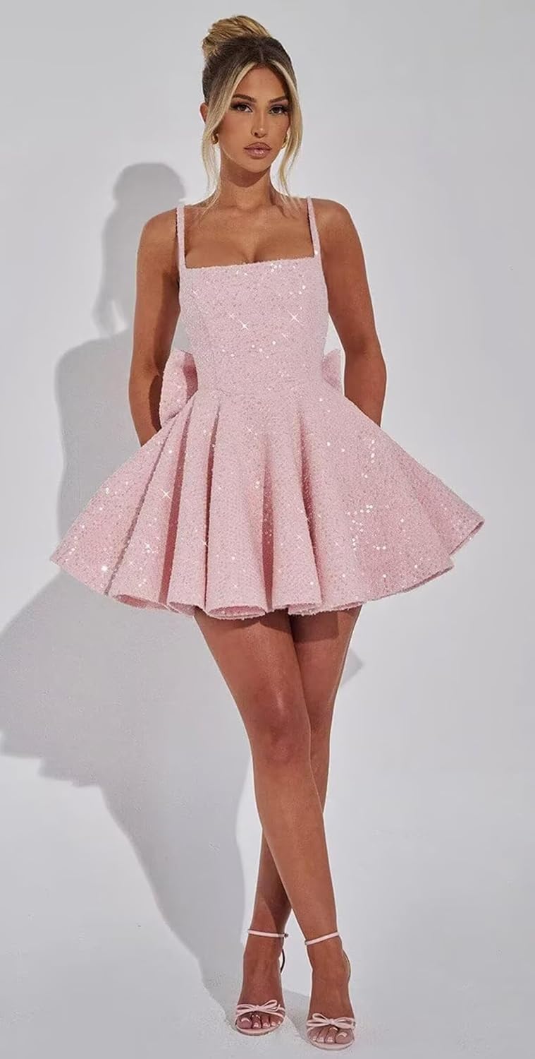 Short Prom HOCO Dress with Bow Square Neck Spaghetti Straps Homecoming Cocktail Mini Party Ball Gown Pockets Sequin D3