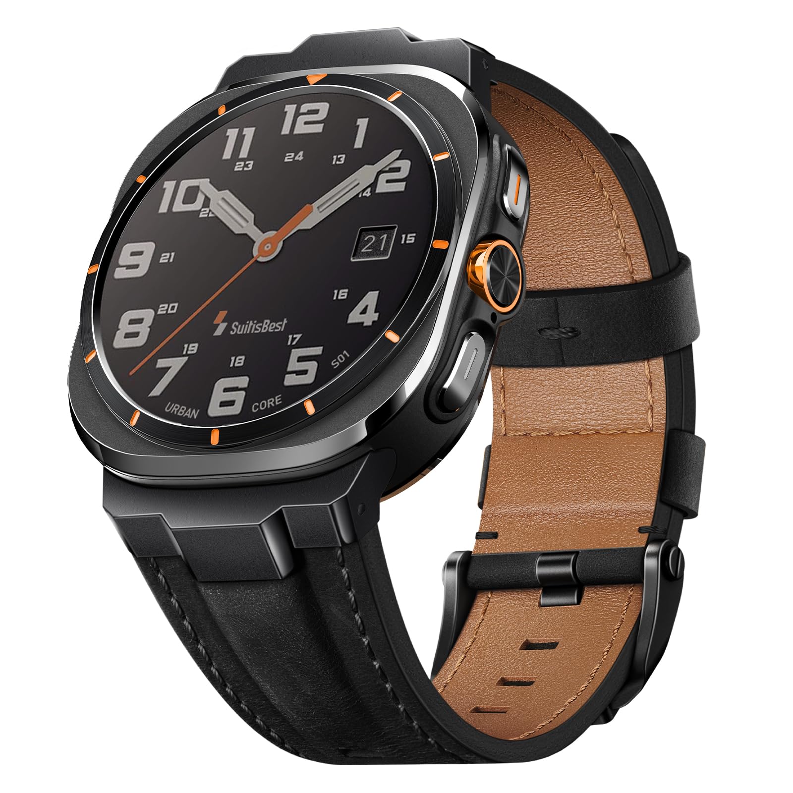 Genuine Leather Band Compatible with Samsung Galaxy Watch Ultra Bands 47mm for 2025 2024, No Gap Designer Rugged Strap with Metal Connectors for Men, Ideal Birthday Gift for Him