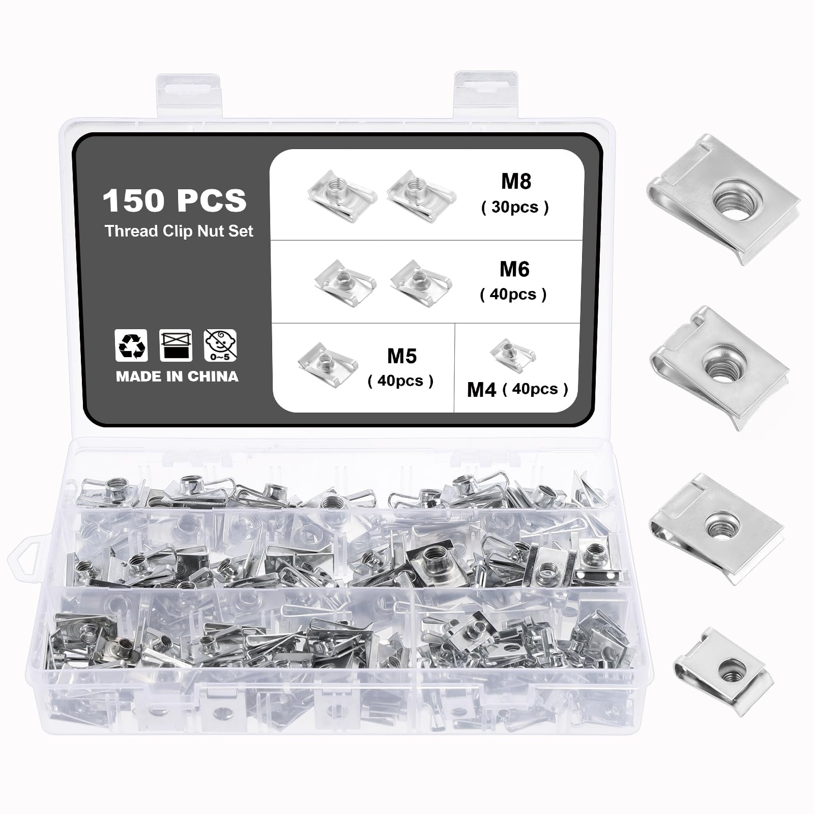 80 Stück Blechmutter, M4 M5 M6 M8 Blechmuttern Sortiment Edelstahl, Karosserieschrauben U-Typ Clip Mutter, Kfz Schraube Mutter Clip Kit für Auto