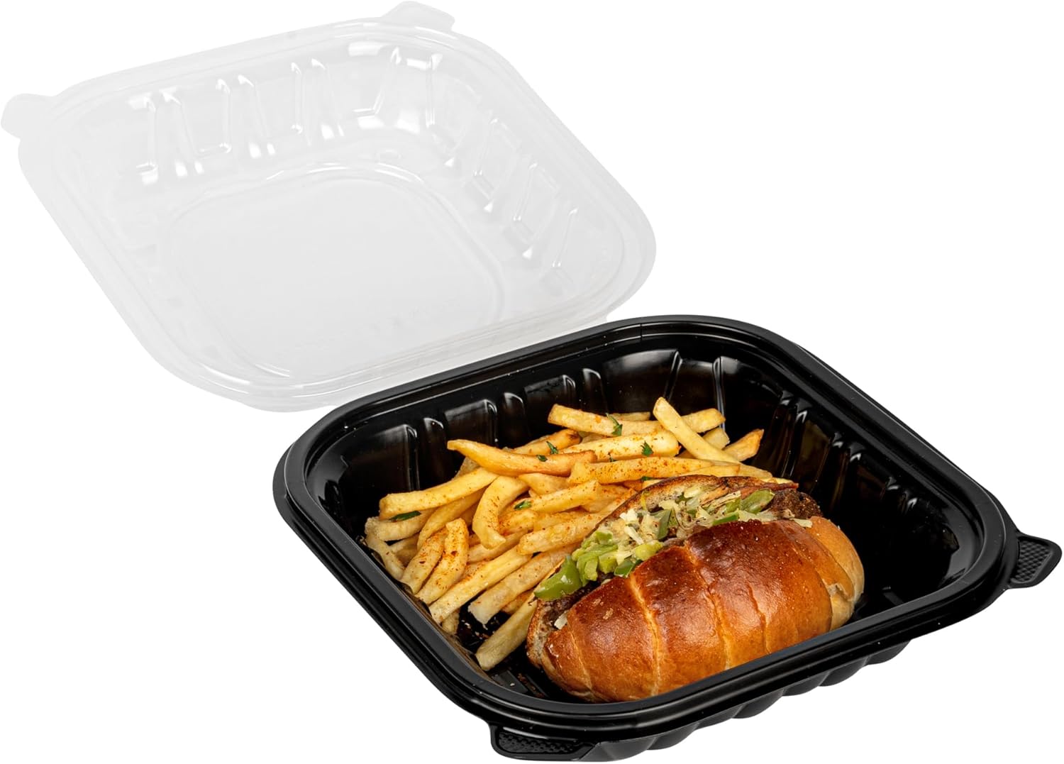 Thermo Tek 34 Ounce Clamshell Containers, 100 Disposable Take Out Boxes - Ventilated Lids, Microwavable, Black Plastic Meal Prep Containers, For Pastas, Salads, Or Sandwiches - Restaurantware