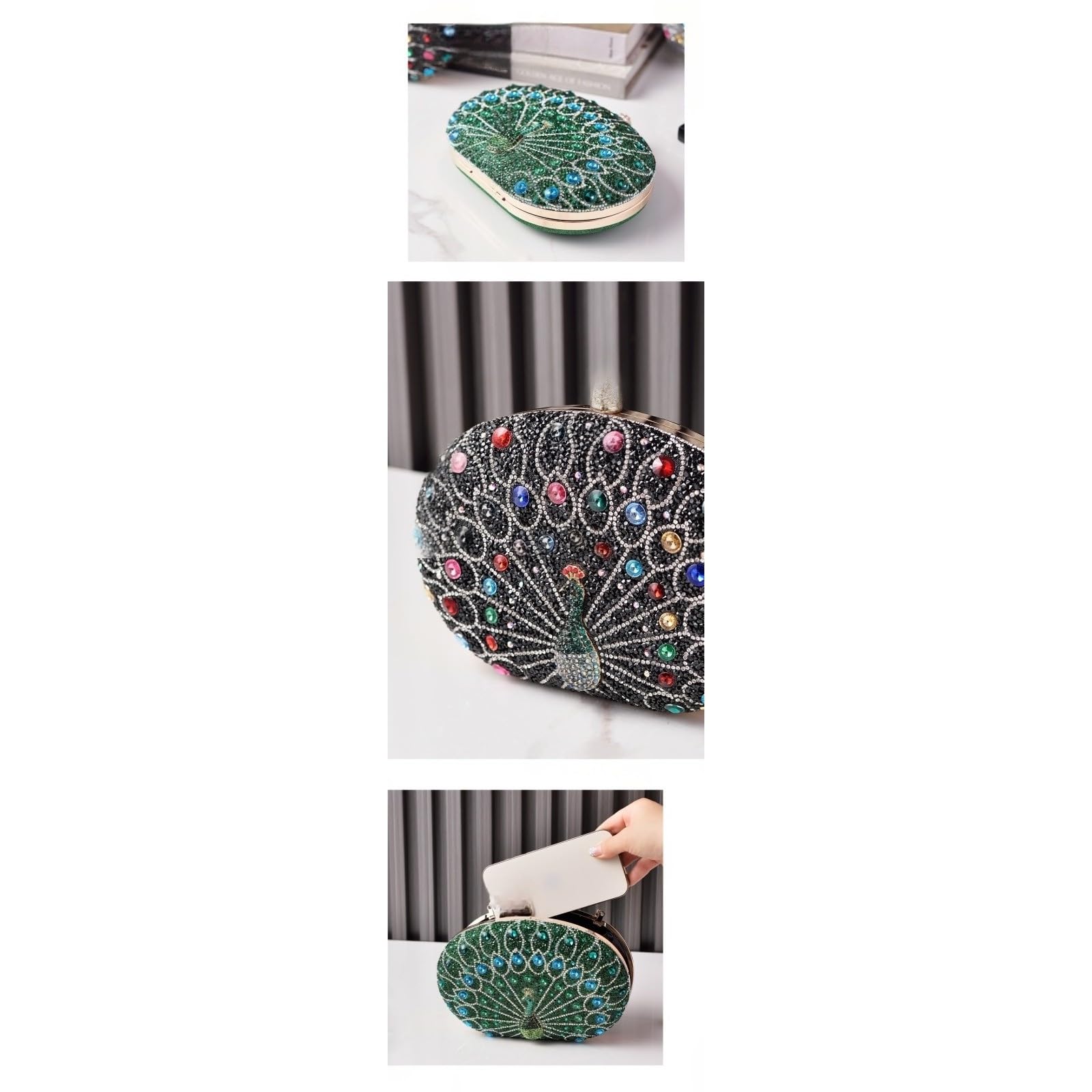 LKSCY Damskie kryształowe ozdobione kopertówką wieczorową: Peacock Design Hard Case Torebka z zapięciem kulkowym z kryształu górskiego i metalowym uchwytem