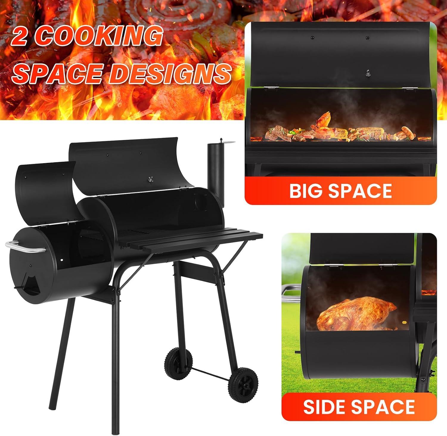 43” Charcoal BBQ Grill Offset Smoker with Side Space,Outdoor Grill 209 Square Inch Cooking Area, for Outdoor Backyard,Patio and Parties,Black