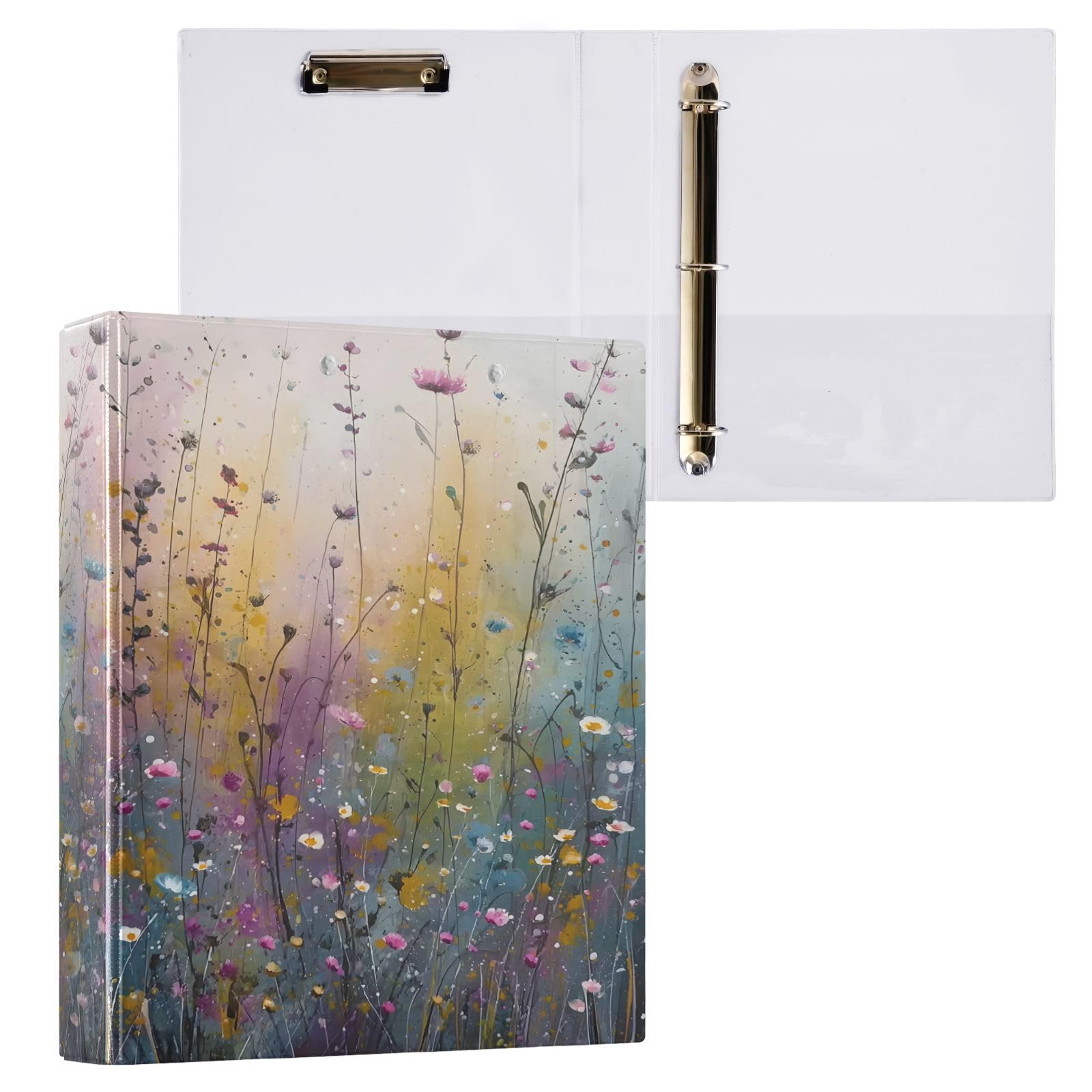 Raccoglitore a 3 anelli con fiori ad acquerello, 3,8 cm, rotondi, contiene 200 fogli, 3 raccoglitori ad anelli con clip in metallo antiscivolo