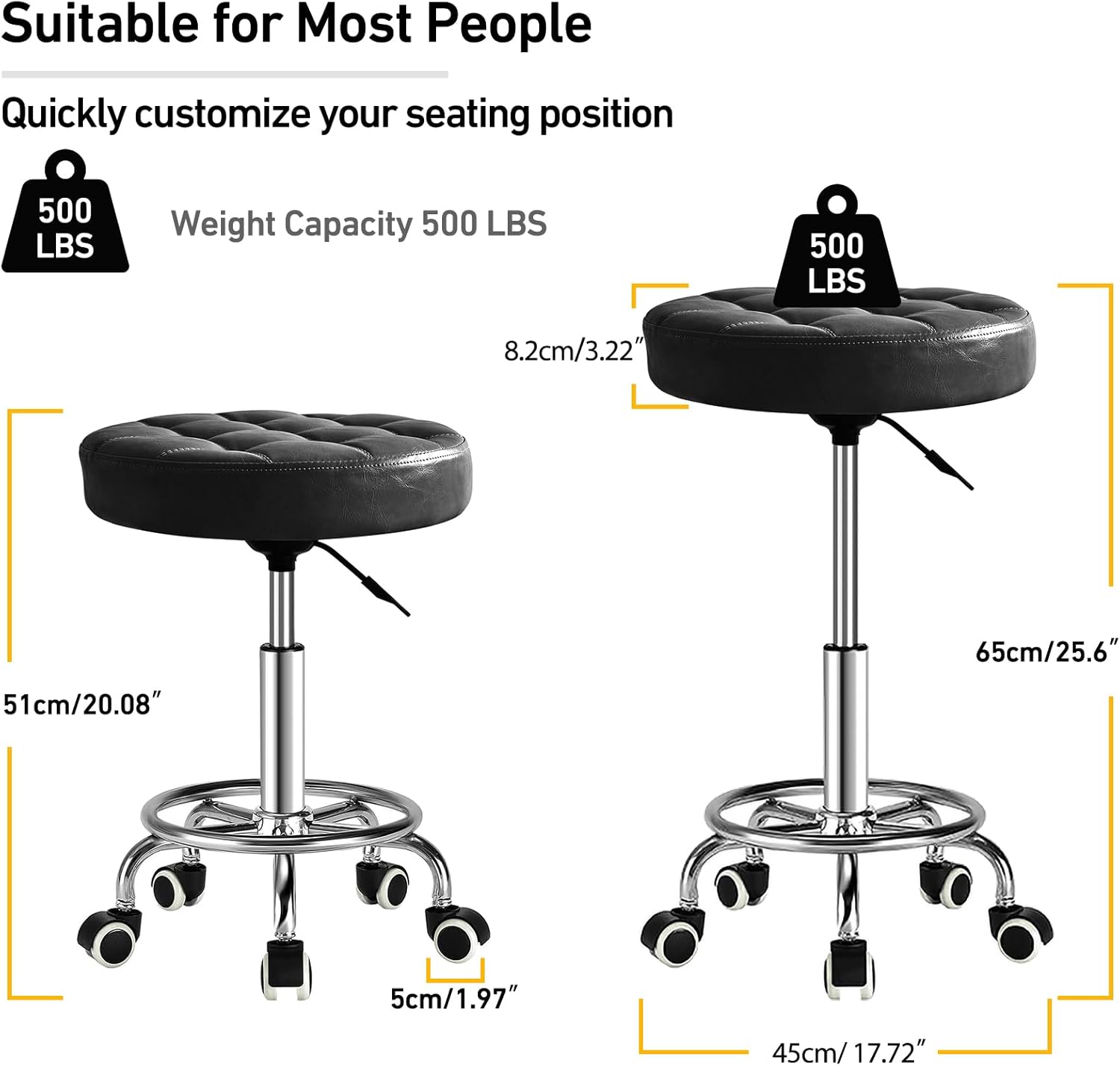 500lb Capacity Rolling Stool with Luxurious Leather Texture Seat, Height-Adjustable Swivel Stool with Wheels & Footrest for Office, Salon, Spa, Drafting (Black)