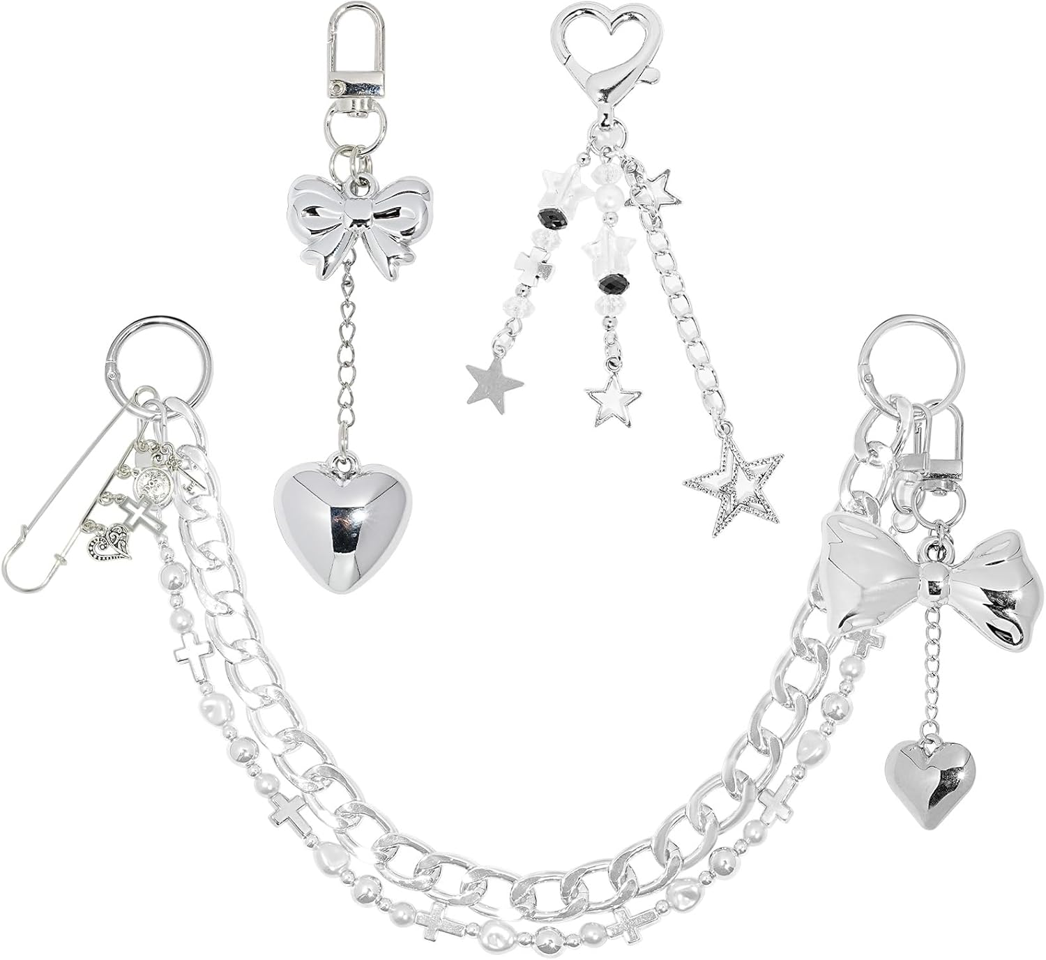 4 in 1 Silver Bag Charms, Purse Charms,Bow Bag Charm Chain for Handbags, Purse Keychain, Purses Chain Charm, DIY Bag Accessories for Women