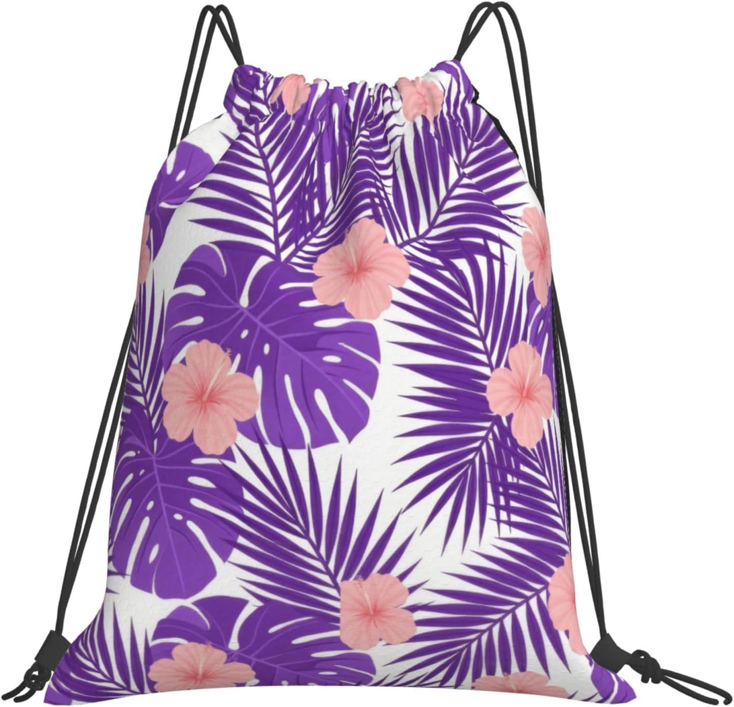 Adults Summer Pattern With Tropical Flowers And Leaves Drawstring Backpack, Sackpack Lightweight With Adjustable Cinch Cords For Beach Hiking, Fitness Cinchpack