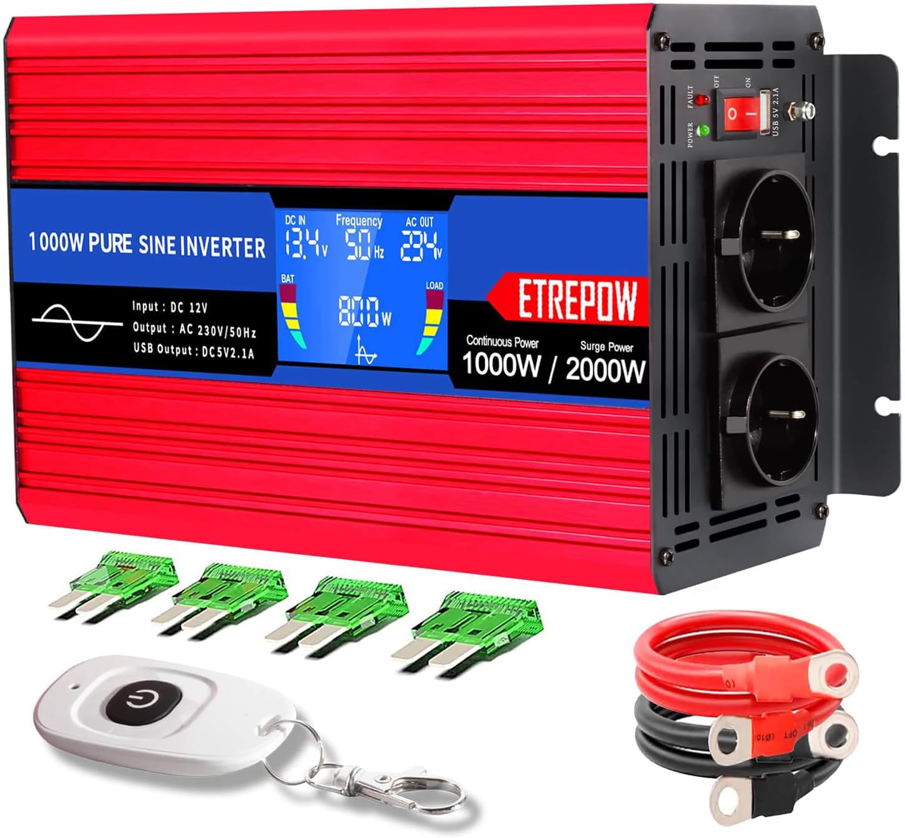 1000W Inverter 12V 220V Onda Sinusoidale Pura Trasformatore Con 2 Prese EU e USB, Telecomando Senza Fili,Display LCD,Picco 2000W