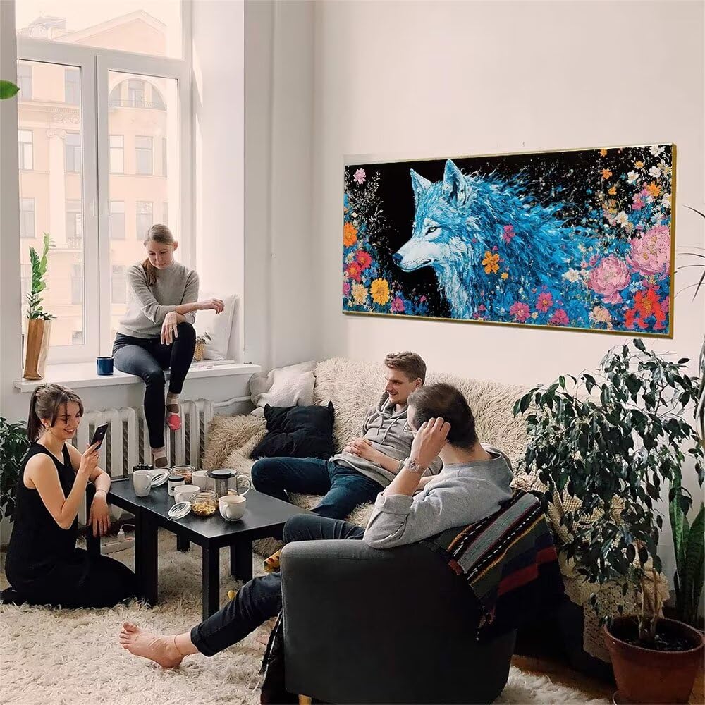 Malen Nach Zahlen Erwachsene xxl, Paint by Numbers Malen Nach Zahlen Wolf Blume, DIY Geschenk Art mit Pinseln und Acrylfarben Handgemalt Ölgemälde Leinwand für Home Décor, Ohne Rahmen 80x160cm W-973