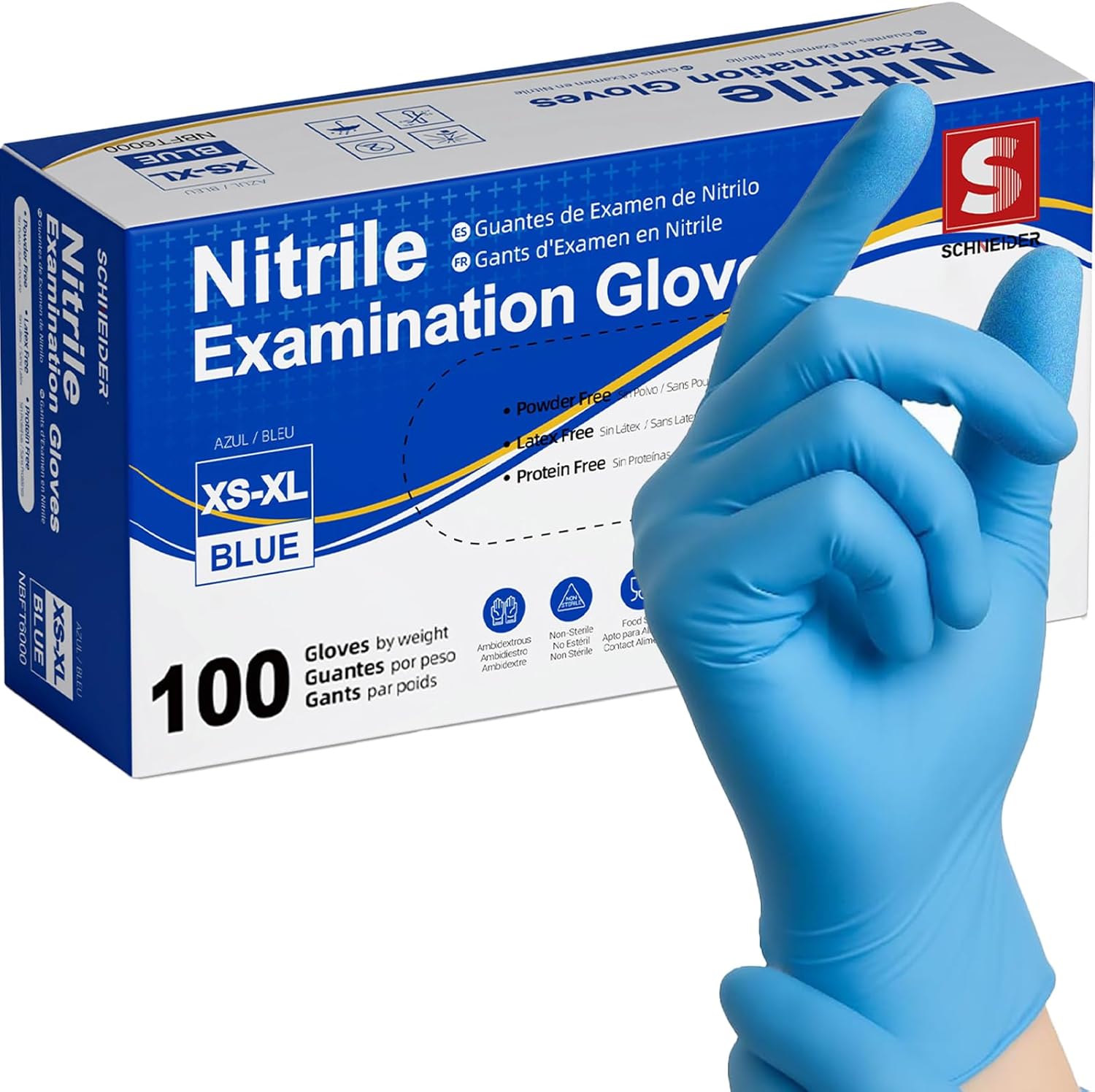 100 Count, Blue Nitrile Exam Gloves, Disposable Gloves Latex Free for Medical Care, First Aid, Cleaning, Food Prep