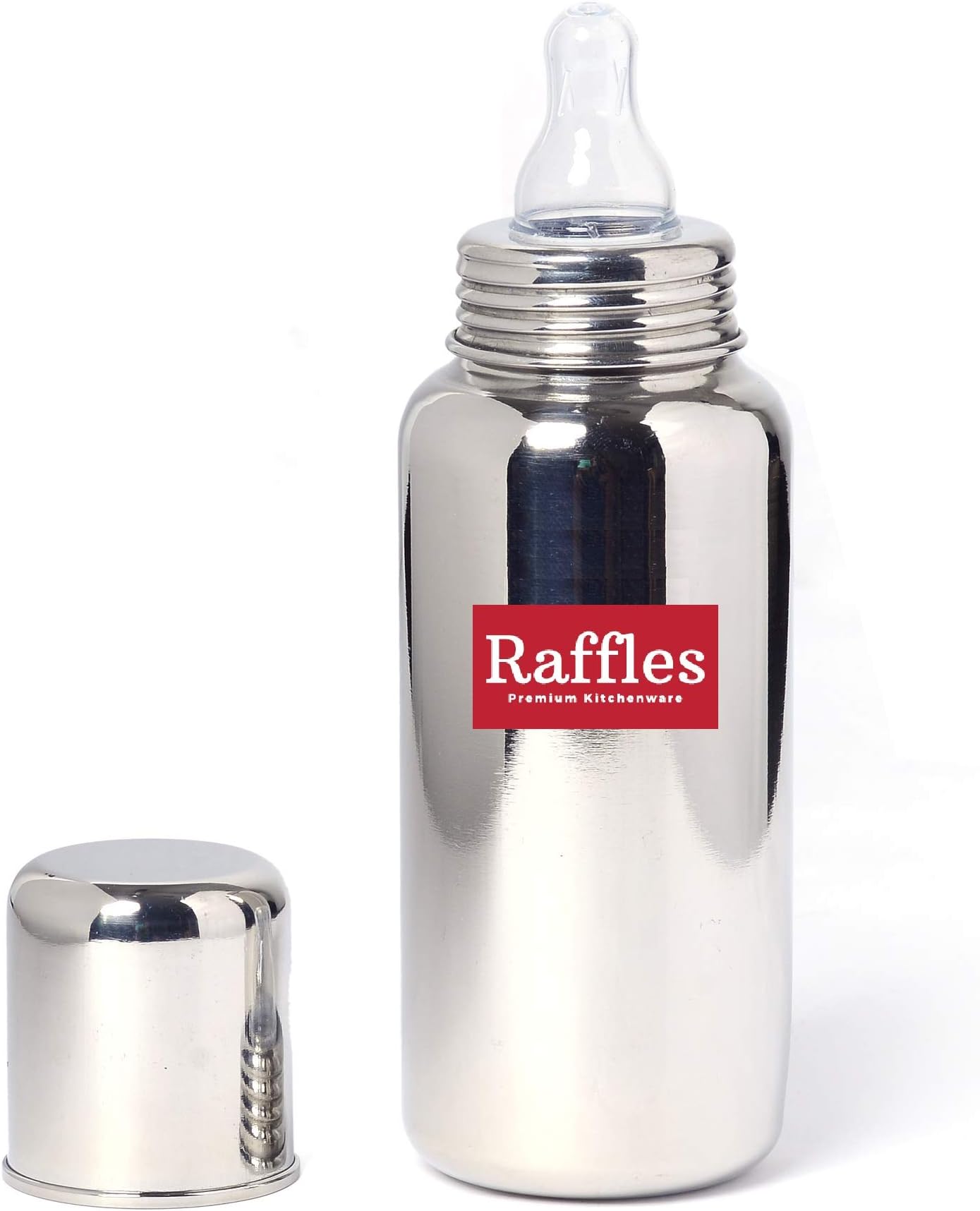 Raffles 304 Grade Premium Stainless Steel Baby Feeding Bottle (200 ml, Size 1) with Medical-Grade Silicon Nipple and Extra Inner Cap for Travelling Purpose (Plastic Free Bottle), Silver