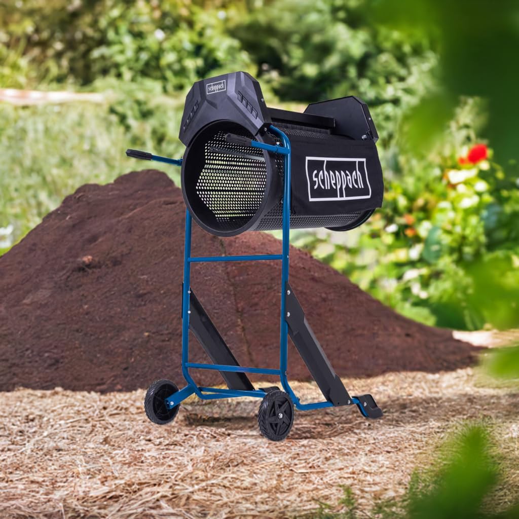 Scheppach Rollsieb RS500 Siebtrommel-Länge: 775mm | Ø 400mm | Maschenweite 9,5mm | 3-stufige Neigungsverstellung | für Erde, Kompost & Sand | Trommelsieb, Kompostsieb, Erdsieb mit Fahrvorrichtung