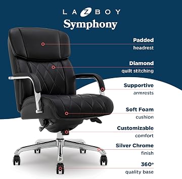 La-Z-Boy Symphony Executive Mid-Back Office Chair, Diamond Quilt Seat and Back, Pocket Coil Cushion, Padded Armrests, Ergonomic Computer DeskChair, Swivel Metal Base, Bonded Leather, Black/Chrome