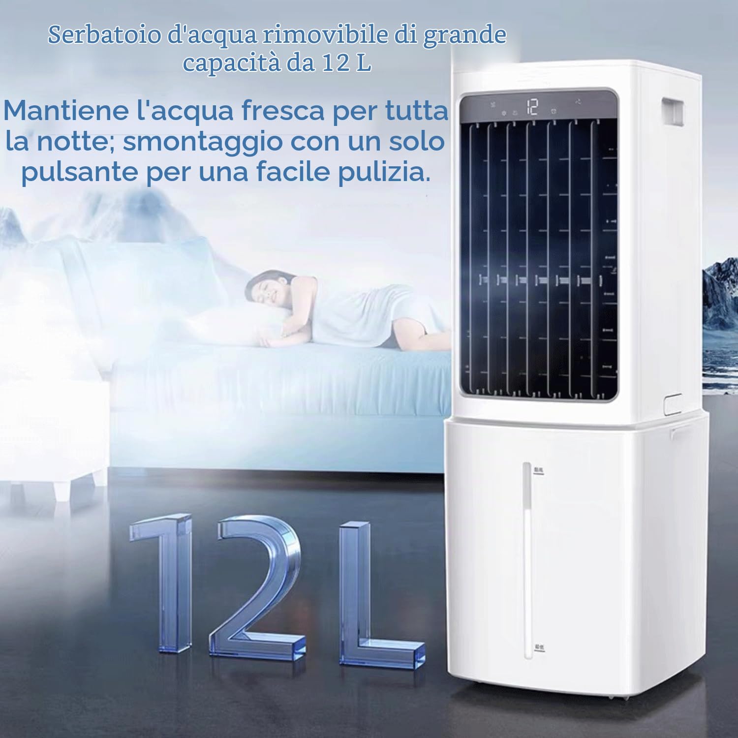 Condizionatore Portatile 12L Serbatoio Estraibile Raffreddatore d’Aria senza Tubo 3 Modalità3 Velocità Climatizzatore Evaporativo Silenzioso Timer7.5 H Telecomando Ventilatore Aria Fredda per Casa
