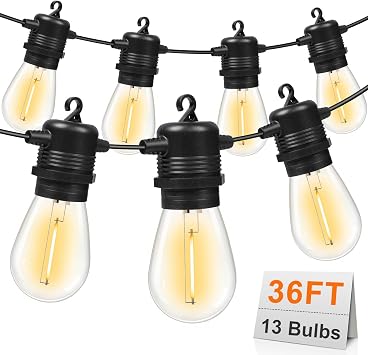 GvvooHome LED Outdoor String Lights 36FT Patio Lights with 13 Shatterproof S14 Replaceable Bulbs1 Spare, Outside Hanging Lights Waterproof for Porch, Deck, Garden, Backyard, Balcony, 2700K Dimmable