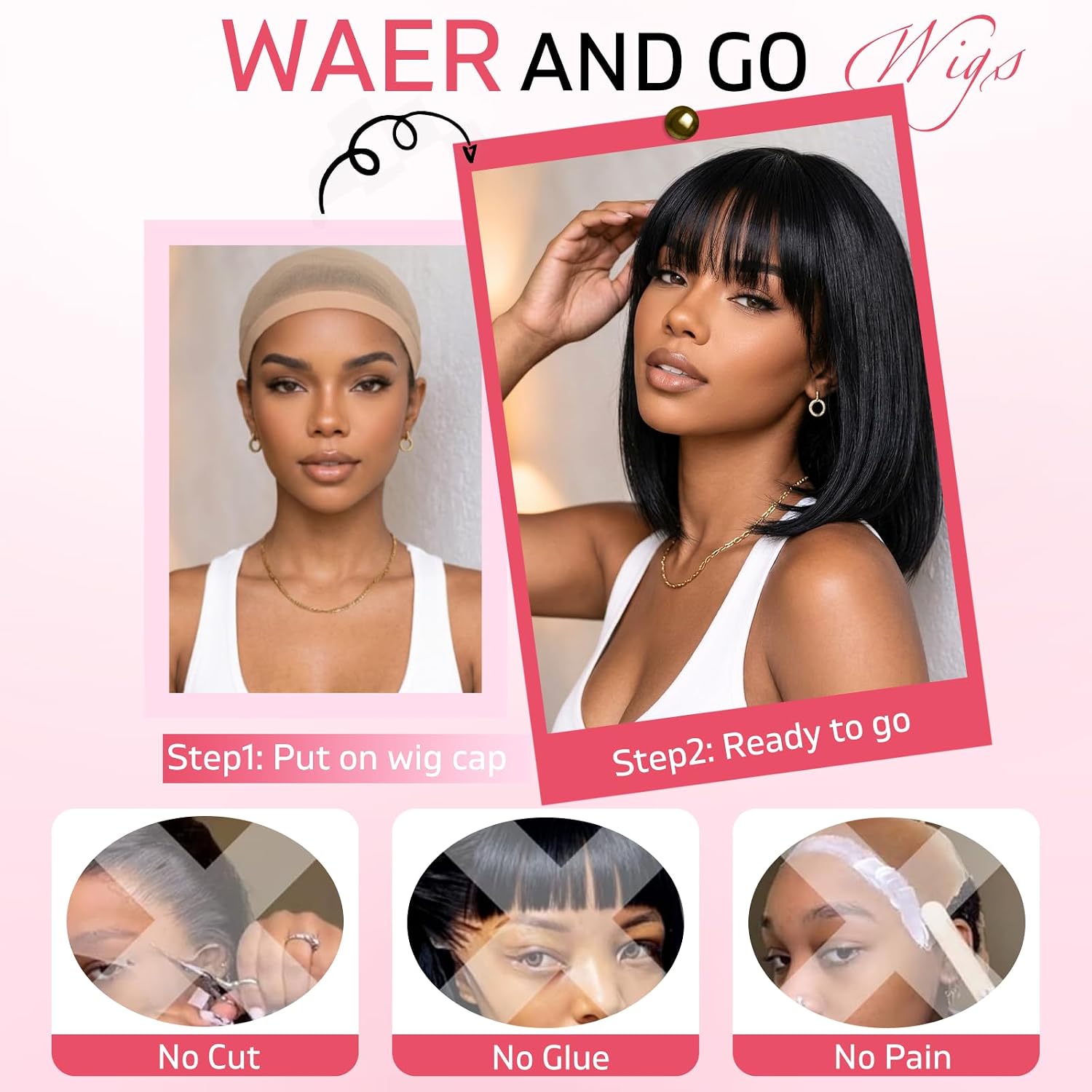ZHENGON Bob Wig Human Hair with Bangs 200 Density Glueless Wigs Ready to Wear Beginner Friendly 3x1 HD Straight Lace Closure Wigs for Women Natural Black 10 Inch