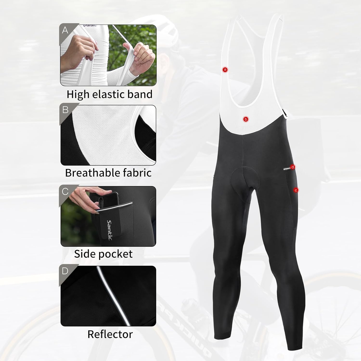 Santic Men's Winter Fleece Pro Cycling Bib Pants 4D Padded Thermal Cold Weather Bike Riding Pants with Pockets