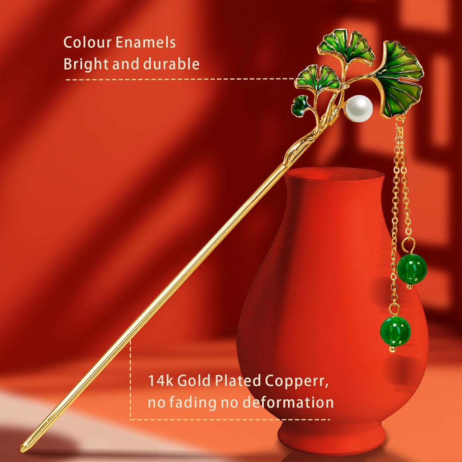Hair Accessories，14k Gold Plated Copper， Vintage Handcrafted， Colour Enamels Ginkgo Leaf Jade Bead Tassels Hair Stick，Hair Clip. 6.69" Hair Chopsticks For Women