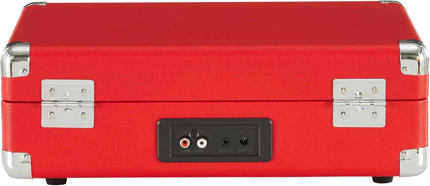 Back view of the Crosley Cruiser Plus Turntable showing RCA output, Aux In, and DC In ports.