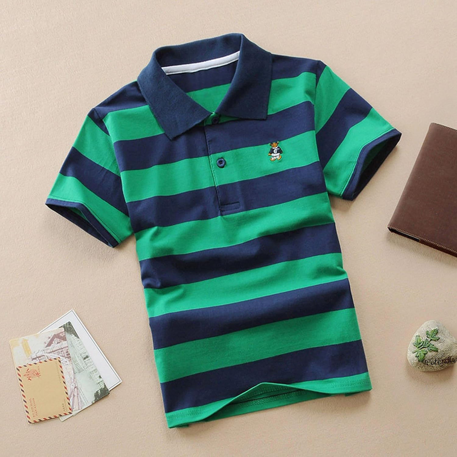 Boy's Striped Polo Shirt Short Sleeve Performance Cozy Stretch Golf Shirt Summer Casual Button Closure Uniform Sports Tops