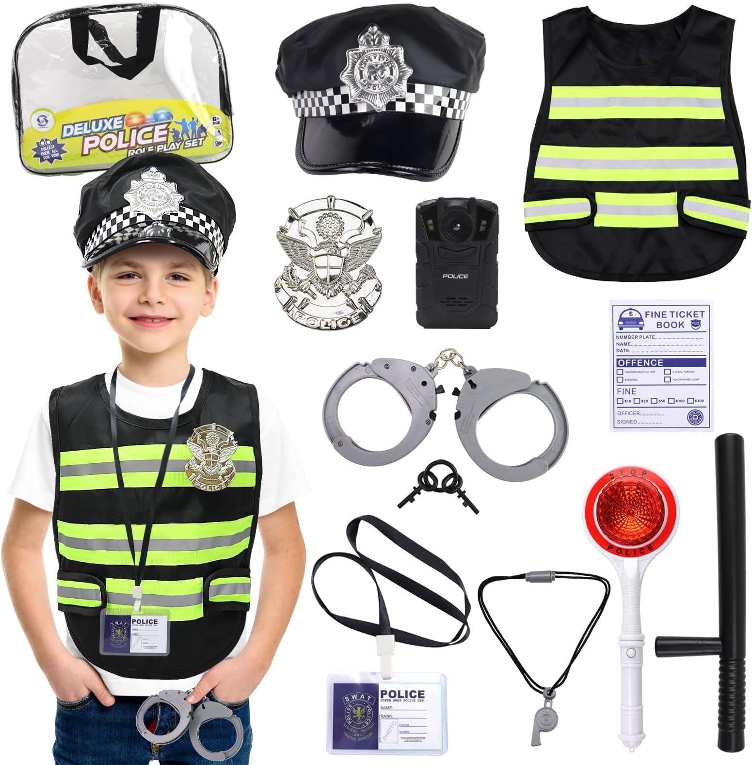10PC Kids Halloween Costume,Halloween Costumes for Girls Boys,Pretend Play Police Officer Costume,Role-playing Handcuffs,Keys,Work Card,Baton,Badge,Police Accessories Family Dress Up Party Gift
