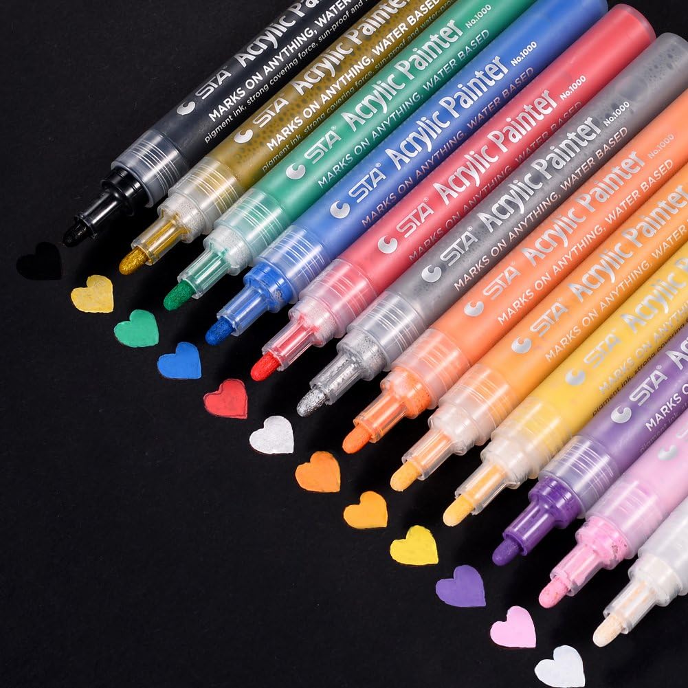 Acrylic Paint Marker Pens - Medium Point Tip - Painting Art Markers Set for Rock, Glass, Fabric, Metal, Mug, for Artist, Kids & Adults,DIY Craft Projects, Gift, Pack of 12