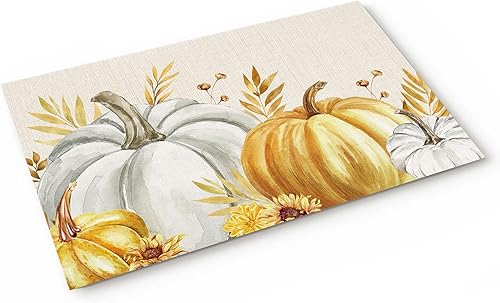 Tapete de Acción de Gracias, tapete para puerta de otoño con diseño de girasol, calabazas blancas y doradas, tapete antideslizante para interiores,
