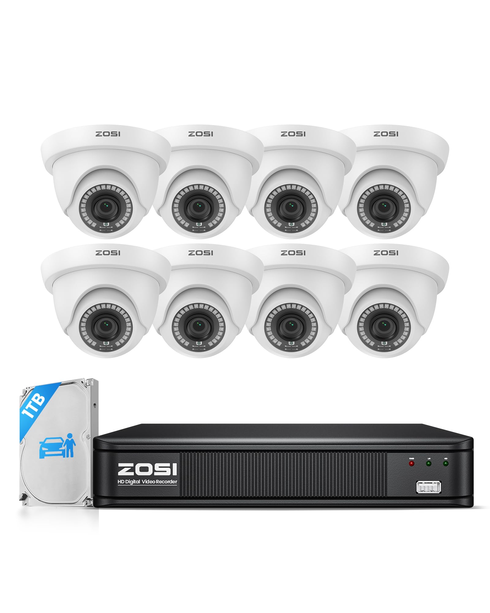 ZOSI H.265+ Home Security Camera System with AI Human Vehicle Detection, 5MP 3K Lite 8 Channel Surveillance DVR and 8 x 1080p Weatherproof CCTV Dome Camera Outdoor Indoor, 80ft Night Vision, 1TB HDD