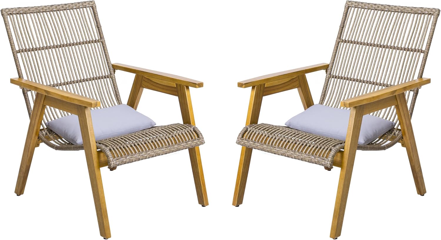 Set of 2 Acacia Wood Cape Woven Lounge Chairs with Pillows – Teak Finish, Natural Light Grey Fabric for Patio, Deck, Yard, Lawn Seating