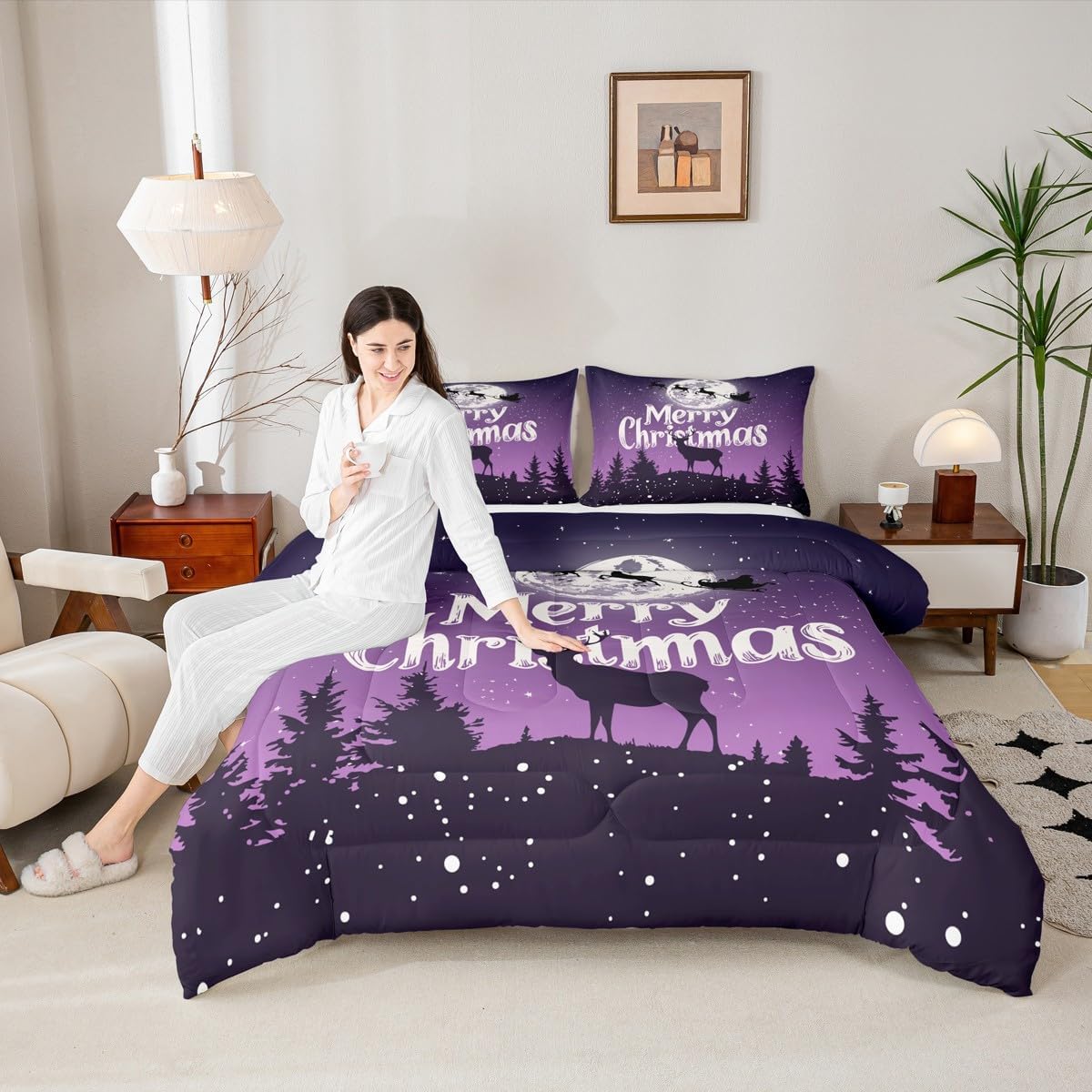 Merry Christmas Comforter Set Queen Size Deer Elk Bedding Set for Kids Girls Women Snowflakes Xmas Santa Tree Down Comforter Purple Black Holiday Night Moon Quilt Set Warm Soft Bedroom Decor