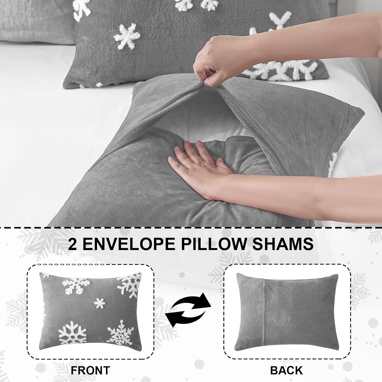 ASPMIZ 3 Piece Christmas Duvet Cover Queen Size, Snowflake Jacquard Queen Duvet Covers Fluffy, Winter Cozy Bedding Set with Zipper Closure and Ties, 1 Comforter Cover 90 x 90 & 2 Pillow Shams, Grey