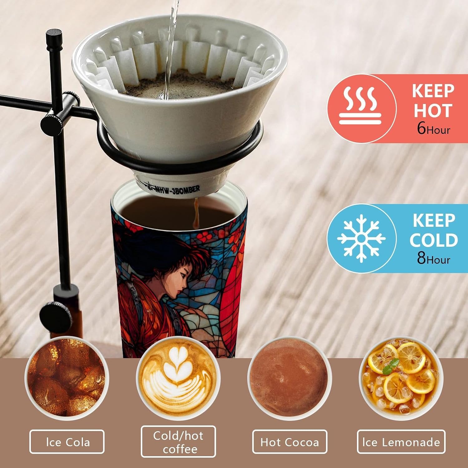 Samurai Stain Glass Insulated Coffee Mug with Straw & Flip Lid, 16.9oz Iced Tumbler Cup, Double Wall Vacuum Mug for Travel Office