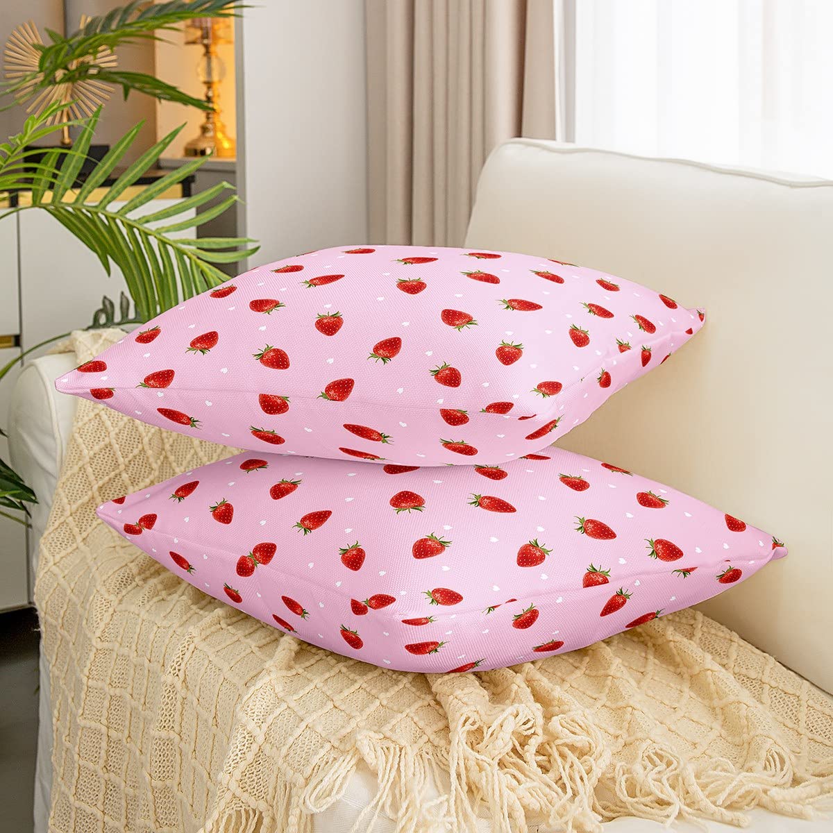 Loussiesd Set of 2 Strawberry Throw Pillow Covers Kawaii Strawberry Print Cushion Case for Home Living Room Decor Reversible Cute Anime Fruit Pink Decorative Throw Cushion Case 20x20 Inch - Image 3
