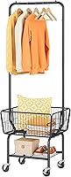 Tajsoon Laundry Cart with Hanging Rack, Rolling Metal Laundry Hamper with Wheels, Storage Shelf & Basket - Black