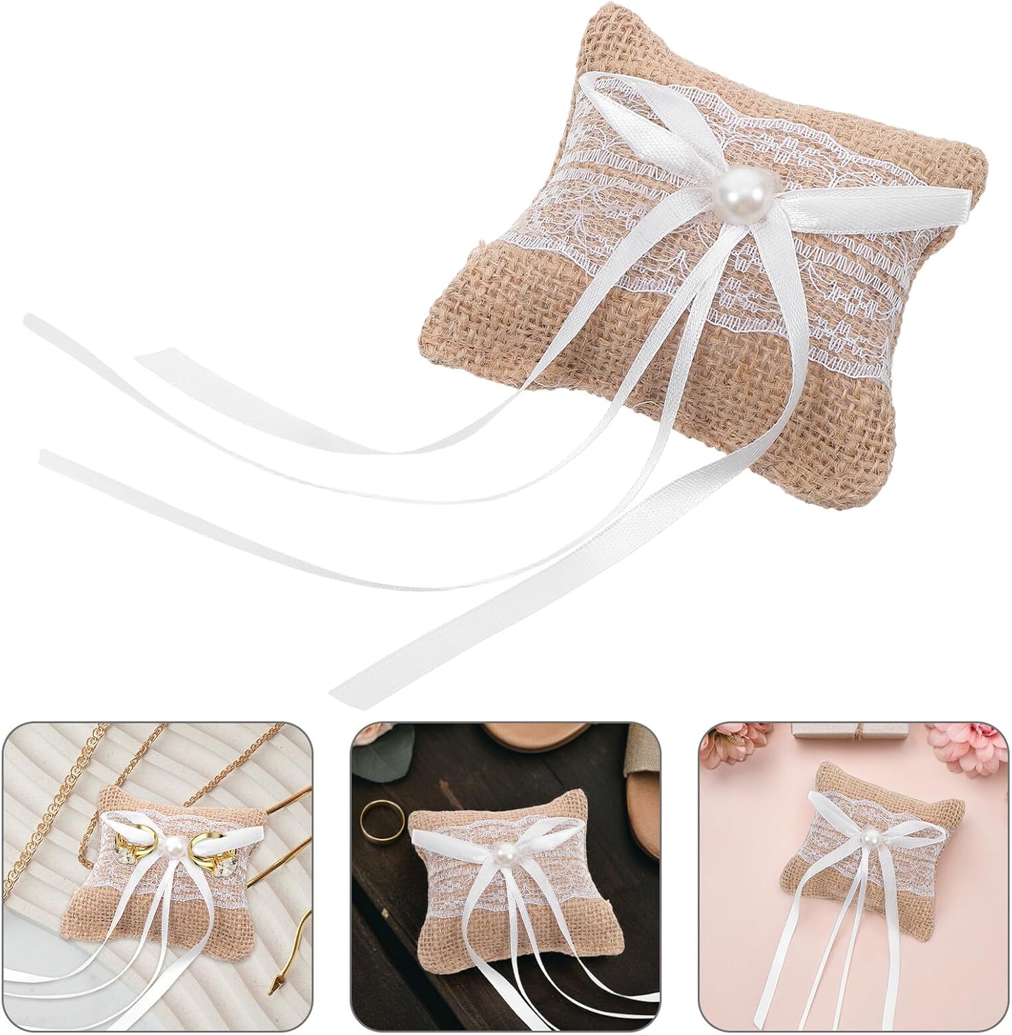 ibasenice 4pcs Rustic Wedding Ring Pillow Cushion Set, Burlap Linen Bridal Ring Bearer Pillows with Lace and Flower Decoration for Engagement Ceremony and Proposal