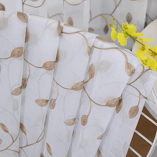 Miniatura 7 de Cortinas Tollpiz translúcidas, con diseño de hojas bordadas, para dormitorio, de lino sintético, para sala de estar, juego de 2 paneles