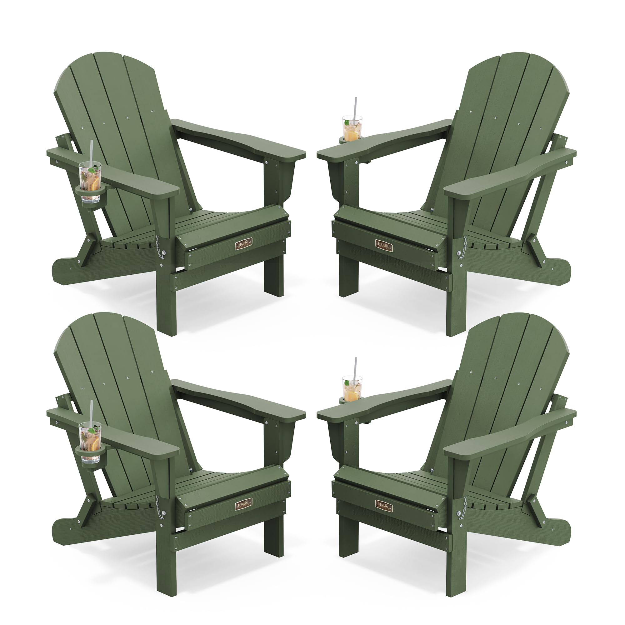 SERWALL Folding Adirondack Chairs Set of 4,Patio Chair with Cup Holder-Army
