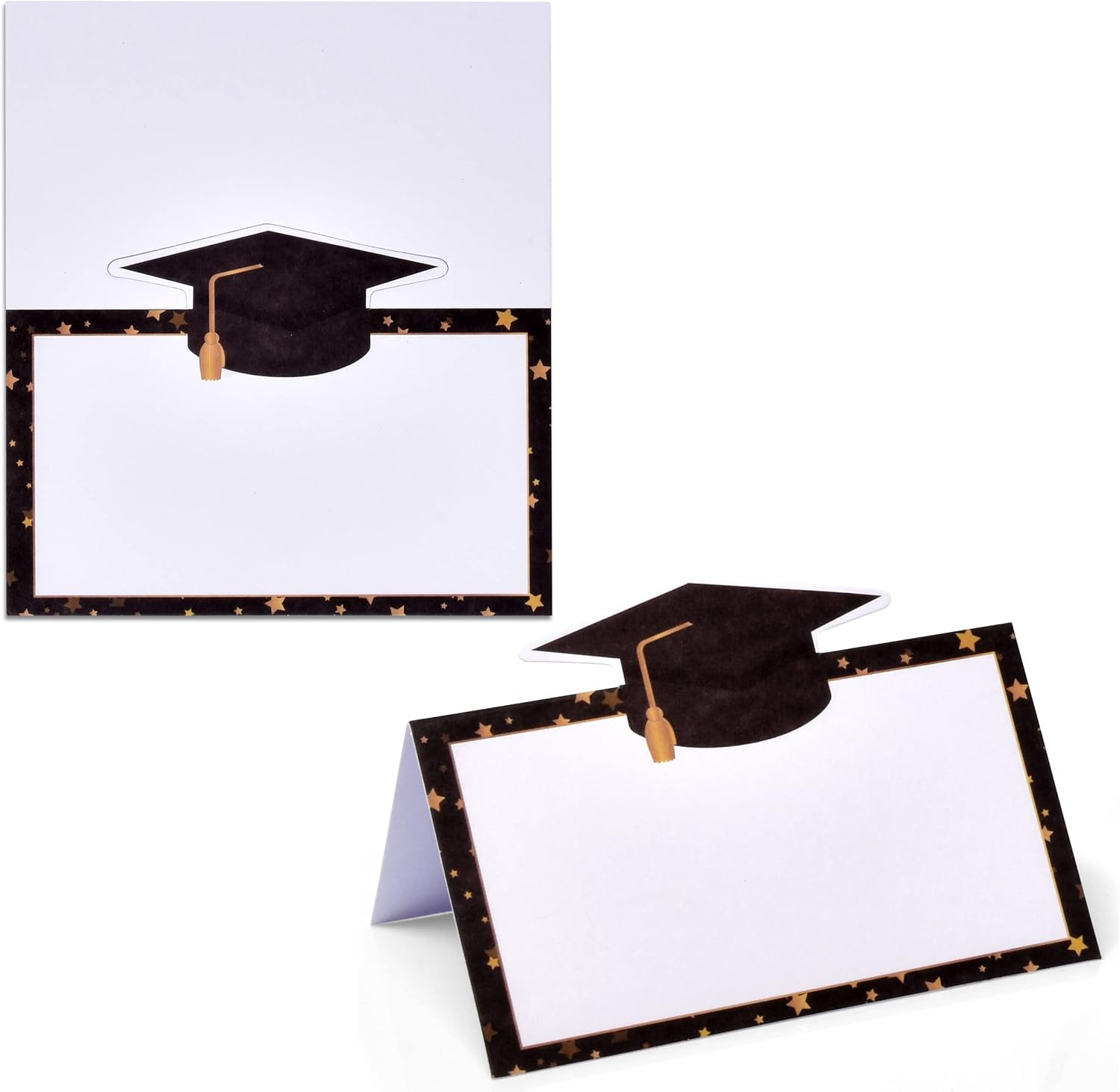 100 Pack Graduation Place Cards Congrats Grad Cap Seating Name Card Black White & Gold Table Setting Folded Tent Cards for Class of 2025 Graduate Dinner Tables Placement Party Decorations 2" x 3.5"
