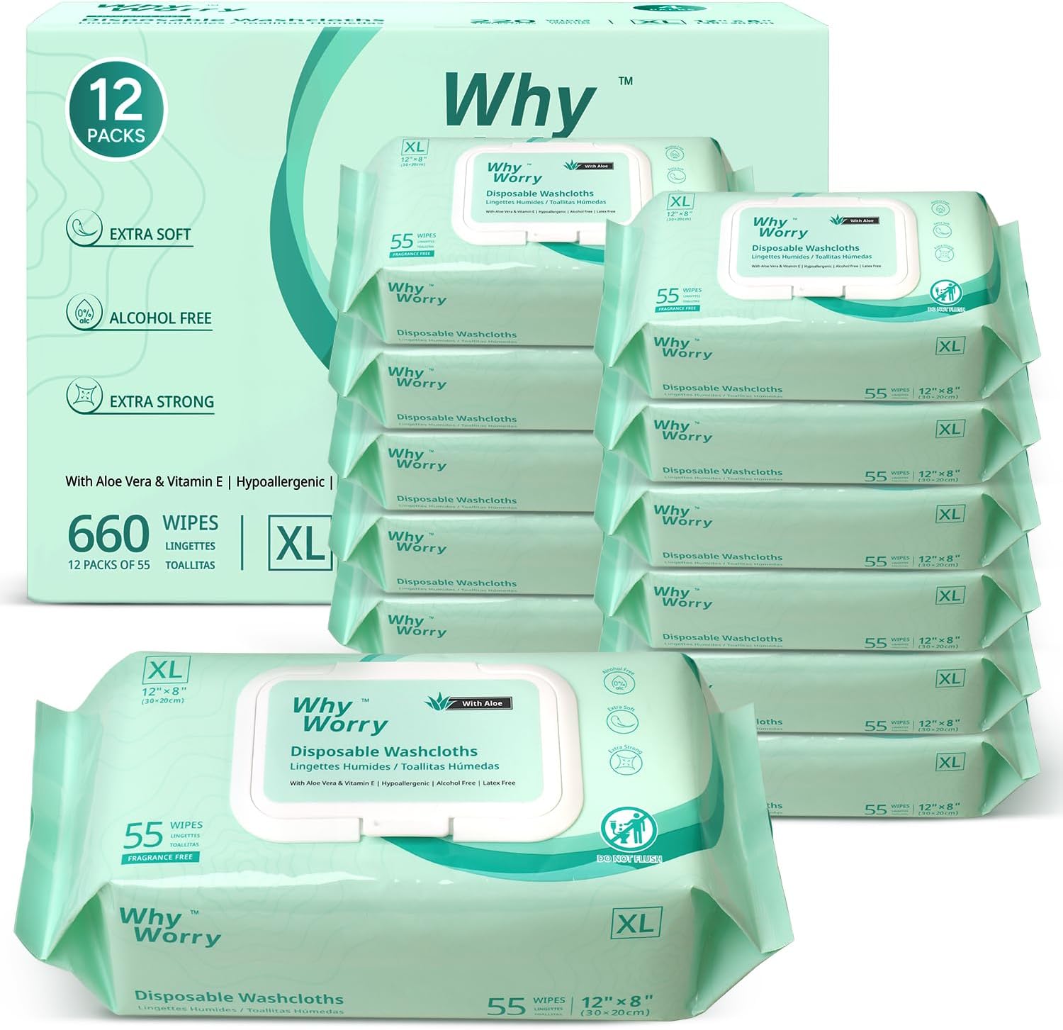 WhyWorry Wet Wipes for Adults, 8"x12" Extra Large Body Cleansing Wipes for Elderly & Incontinence, Extra Thick Adult Washcloths Disposable with Aloe & Vitamin E, Unscented, 660 Count (12 Packs of 55)