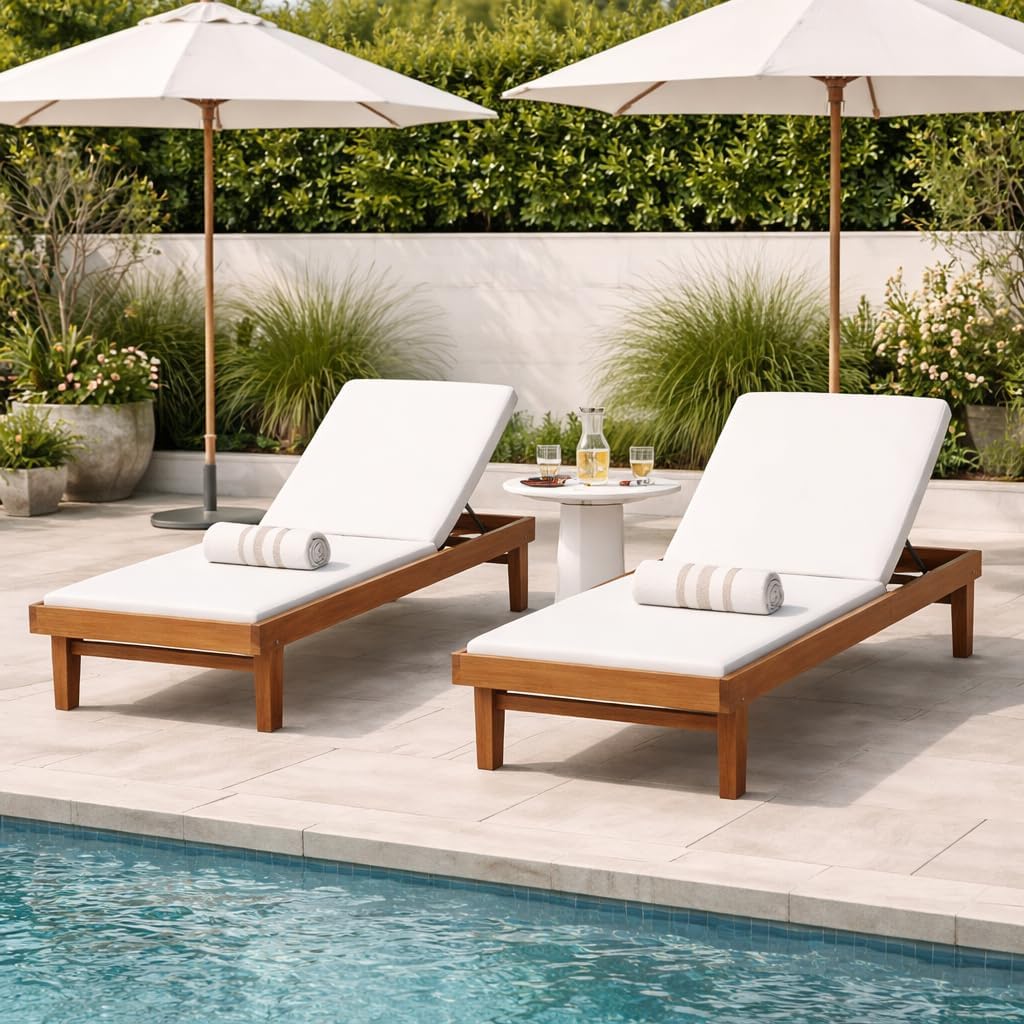 Christopher Knight Home Dina Juego de 2 tumbonas para exteriores, estructura de madera de acacia, tumbona para piscina, respaldo ajustable, tumbona para piscina, jardín, patio trasero, teca + blanco